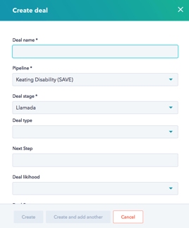 The "Create a deal" screen in the HubSpot CRM platform