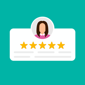 graphic of an online review with a teal background