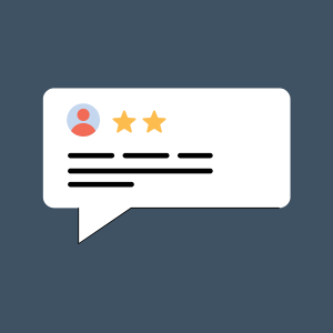 graphic of a two star review against a dark blue background