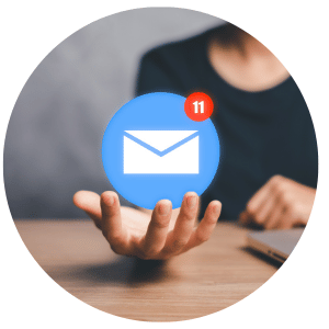 Person with their hand out and an email icon hovering above hand