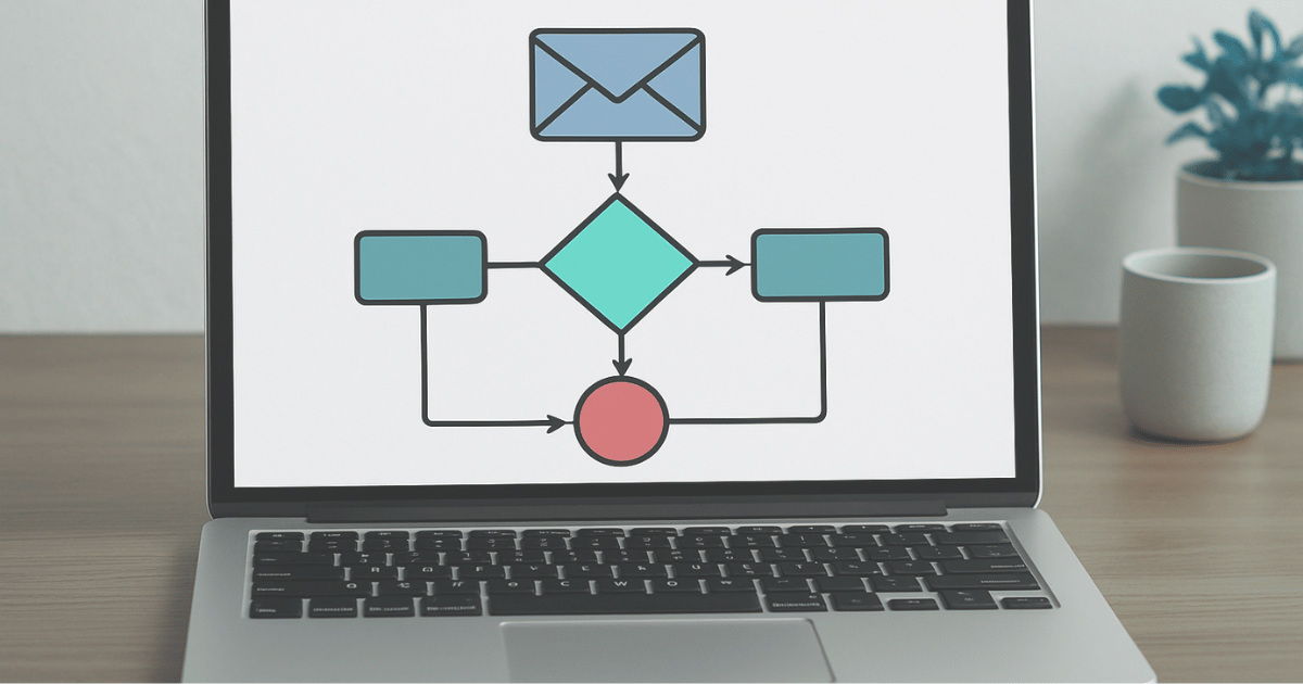 workflow diagram on laptop sitting on a desk